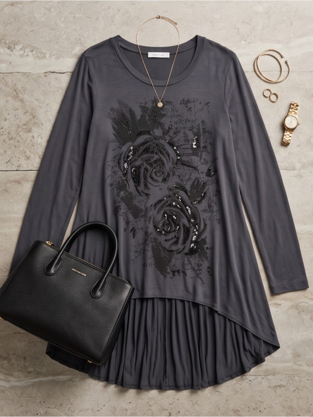 🌹Gorgeous NWOT XL Le Chateau/Gray Long Sleeve Black Rose Flowy Tunic Tunic
